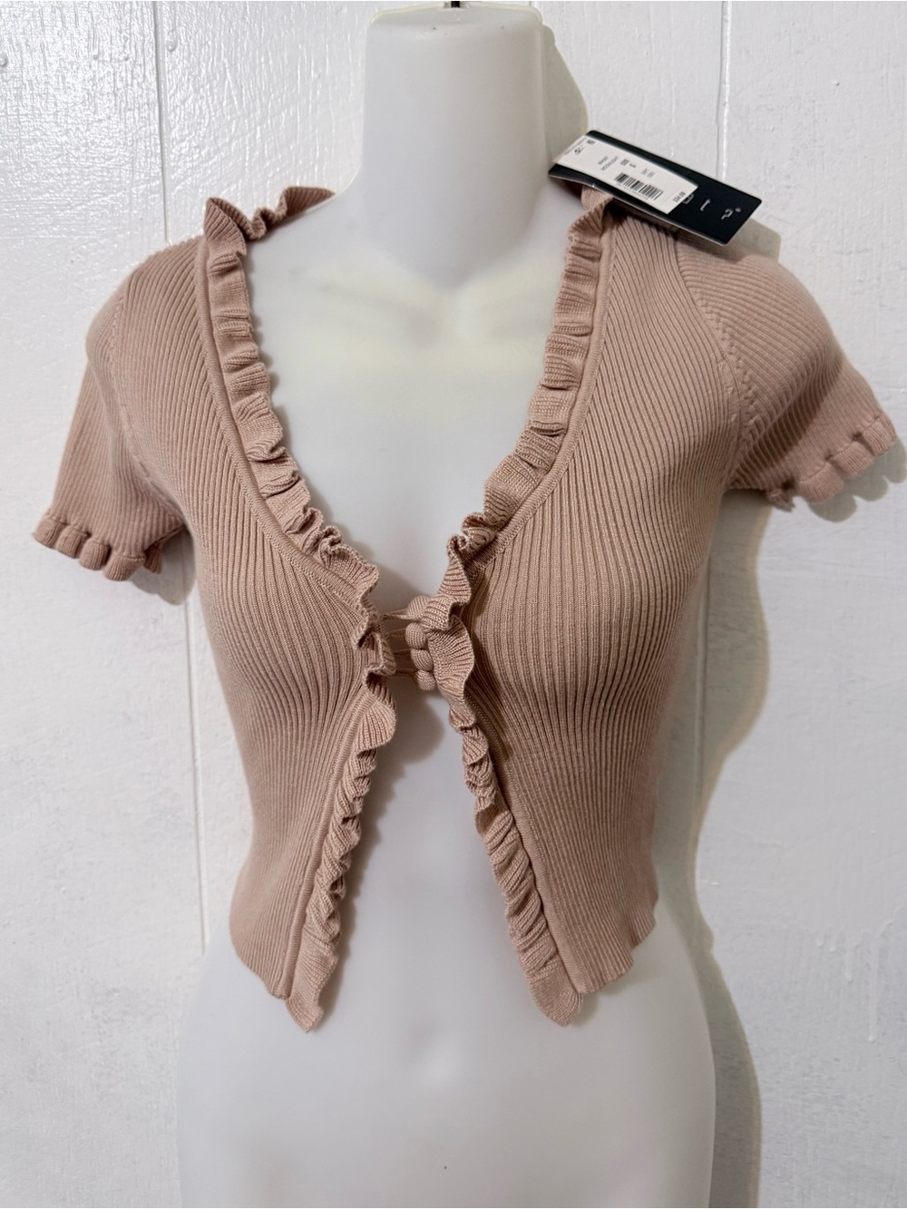 Say What? Taupe Ruffle Tie-Front Ribbed Crop Top - Picture 3 of 12